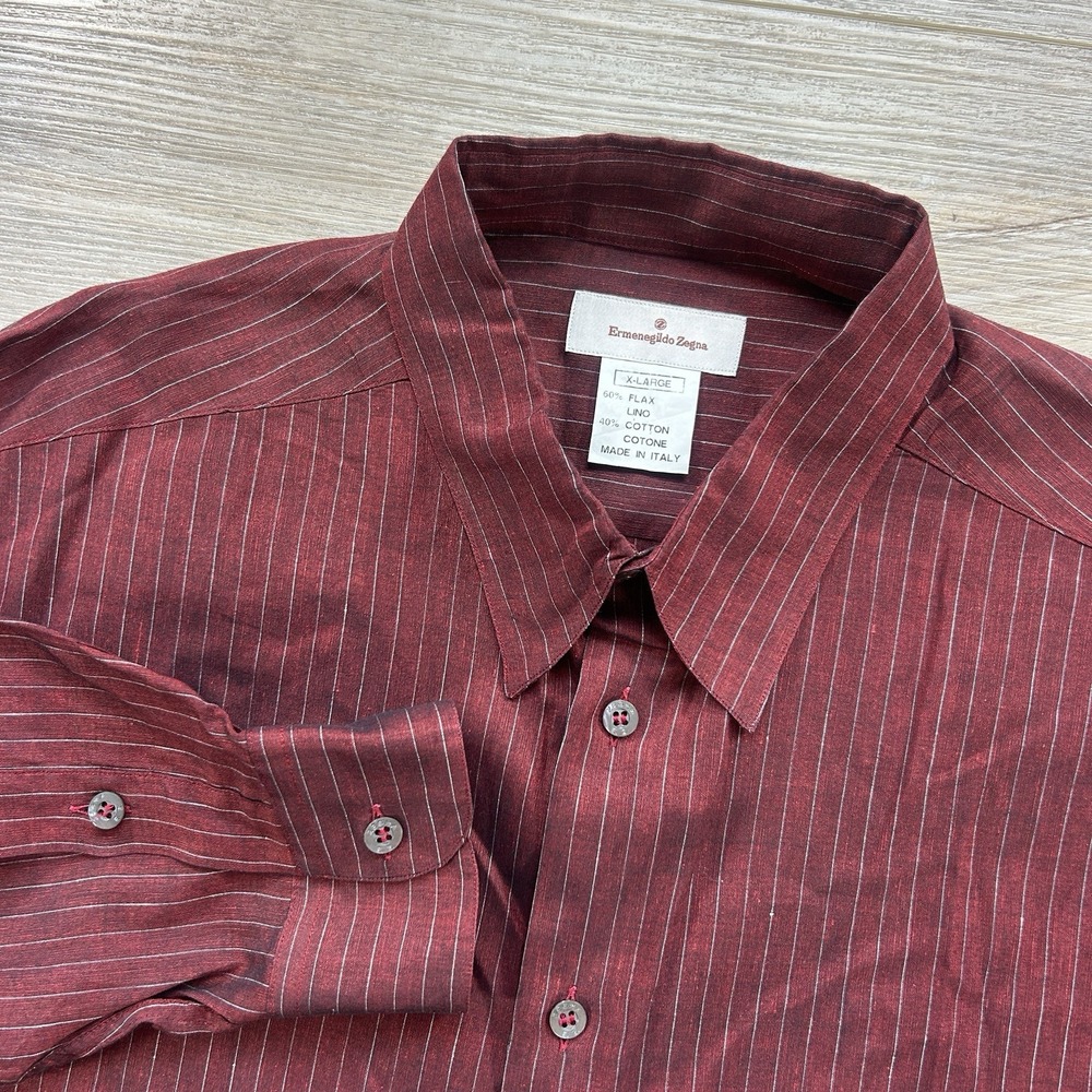 Ermenegildo Zegna Mens XL Red Metallic Flax Blend Long Sleeve Point Collar